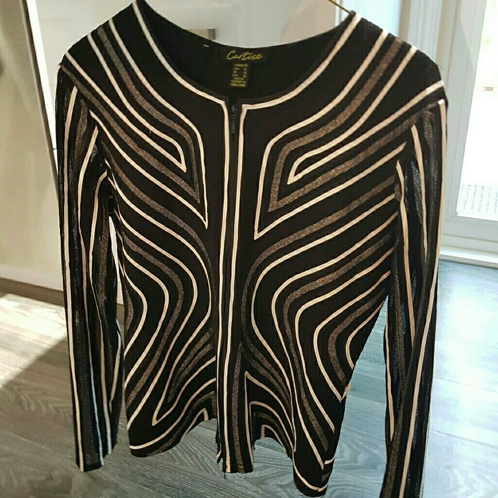 Cartise Womens Black White sheer Ribbon zip up top